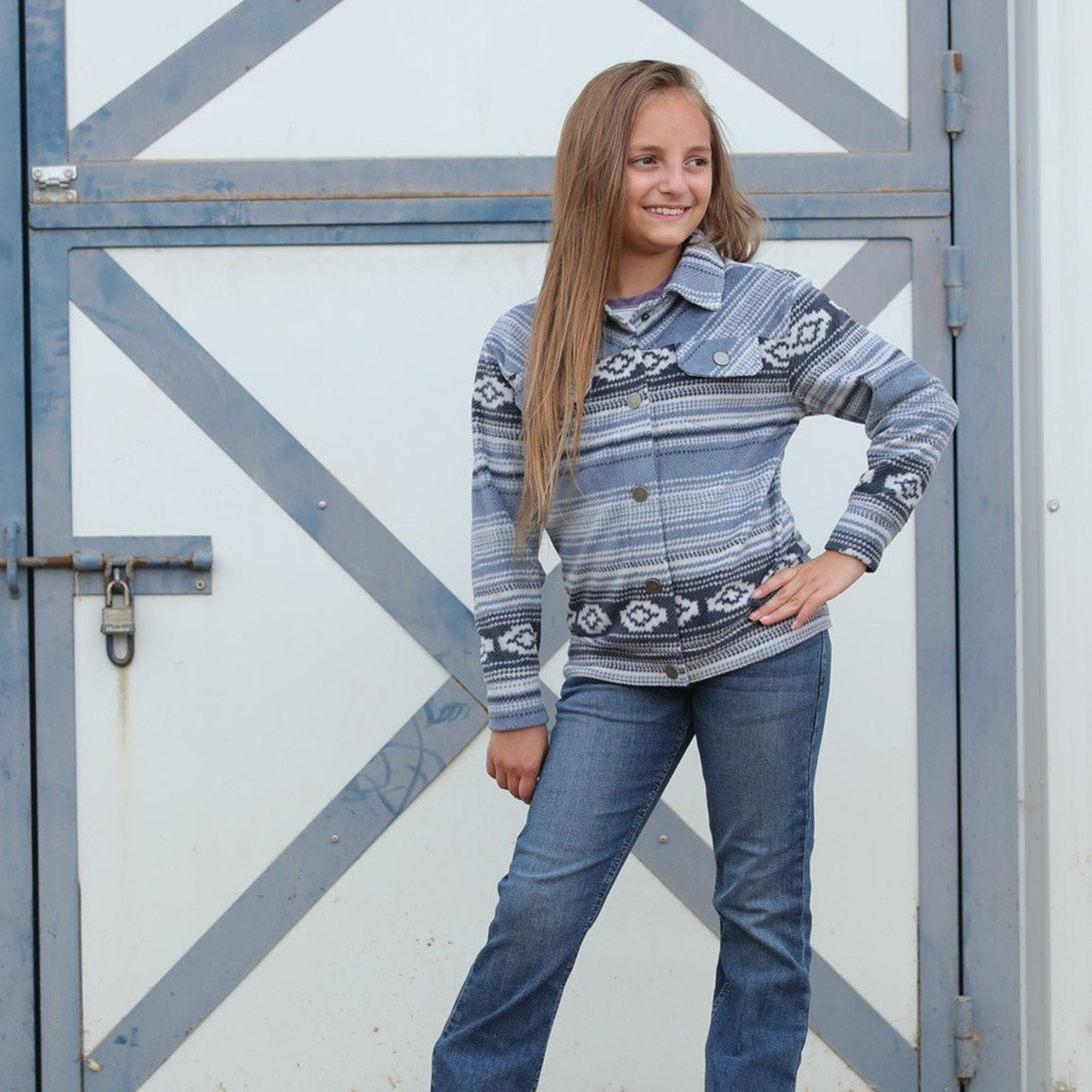 Cruel Girl's Fleece Trucker Jacket in Blue Aztec