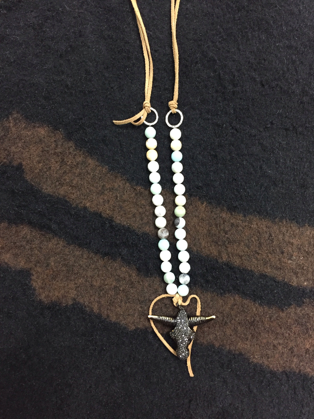 Suede & Amazonite with Steer Skull Pendant Necklace