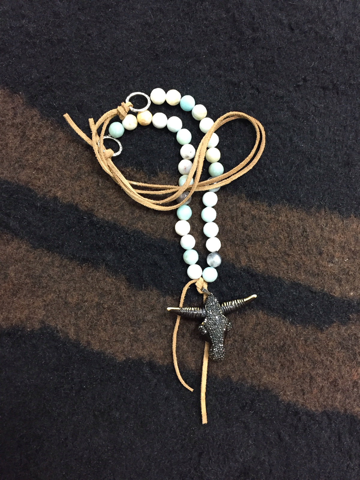 Suede & Amazonite with Steer Skull Pendant Necklace