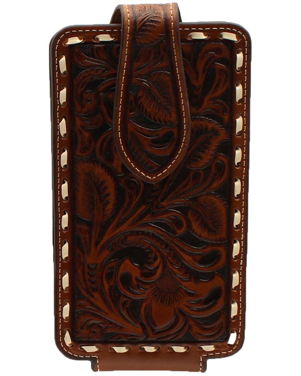 Ariat Floral Embossed & Buckstitched Brown Leather Cell Phone Case