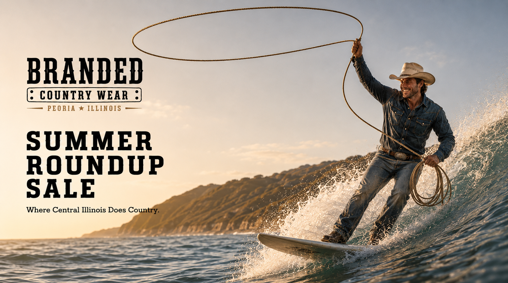 Branded Country Wear Summer Roundup Sale featuring a cowboy surfing and roping for a Western clothing sale in Peoria, Illinois.
