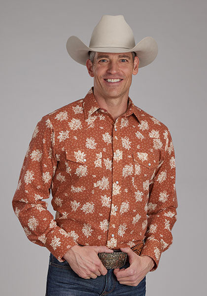 Roper Men's L/S Floral Print Western Snap Shirt in Orange & Cream