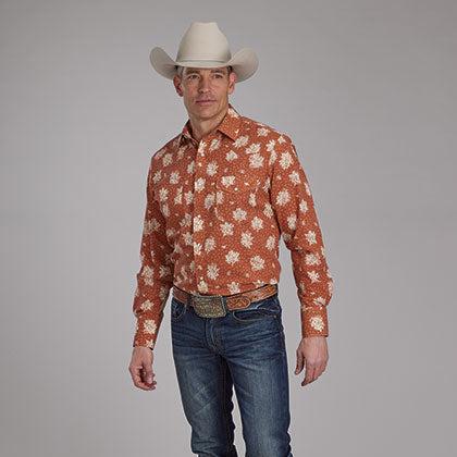 Roper Men's L/S Floral Print Western Snap Shirt in Orange & Cream