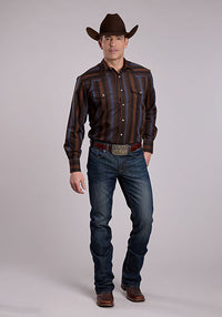 Roper Men's L/S Yarn Dyed Striped Western Snap Shirt in Brown and Blue