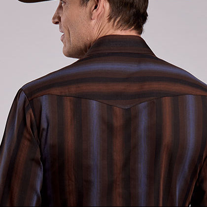 Roper Men's L/S Yarn Dyed Striped Western Snap Shirt in Brown and Blue