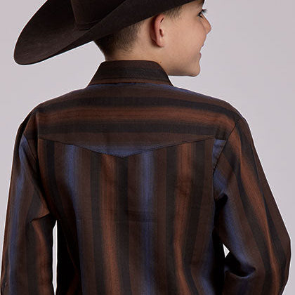 Roper Boy's L/S Yarn Dyed Striped Western Snap Shirt in Brown and Blue