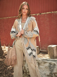 Women's Western Pattern Fringe Detail Belted Cardigan in Taupe