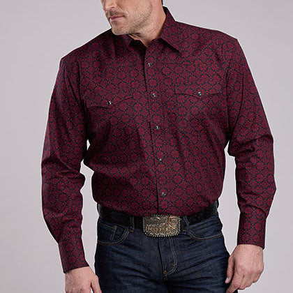 Roper Men's L/S Amarillo Medallion Print Western Snap Shirt in Garnet