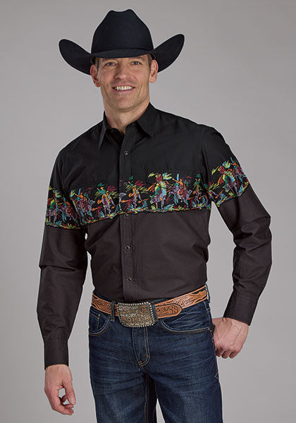 Roper Vintage Men's L/S Scribble Bullriders Border Print Western Snap Shirt in Black