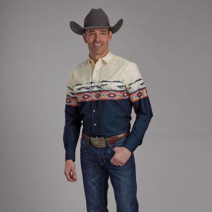 Roper Vintage Men's L/S Open Range Western Snap Shirt in Blue & Cream