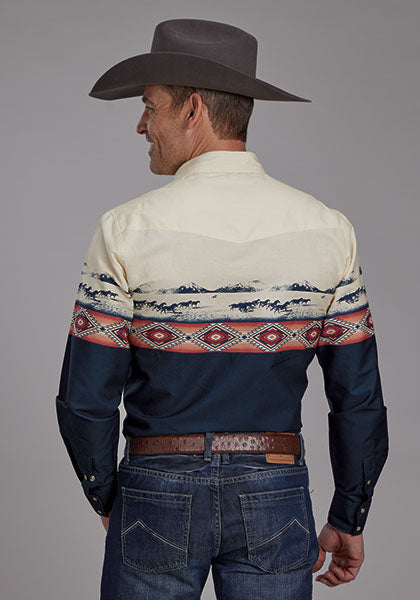 Roper Vintage Men's L/S Open Range Western Snap Shirt in Blue & Cream