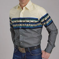 Roper Vintage Men's L/S Retro Diamond Border Western Snap Shirt in Blue & Cream