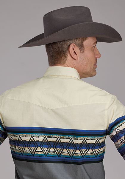 Roper Vintage Men's L/S Retro Diamond Border Western Snap Shirt in Blue & Cream