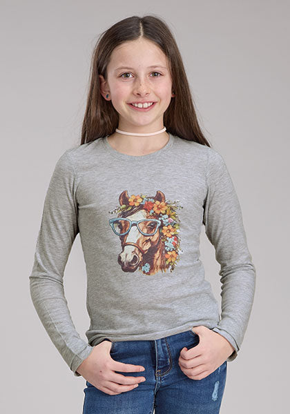 Roper Girl's L/S Flower Horse Tee in Heather Grey