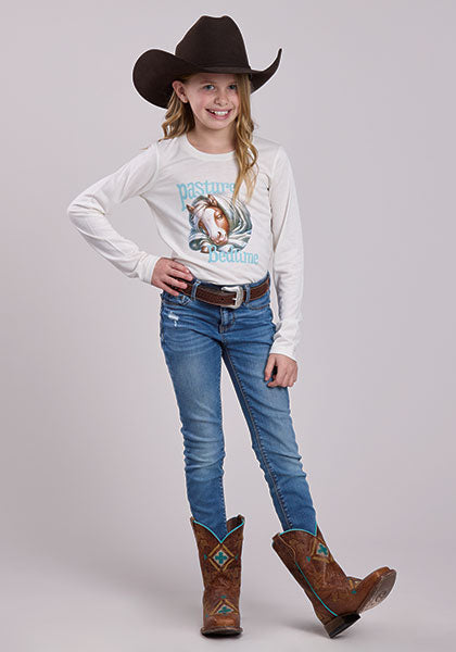 Roper Girl's L/S Sleeping Horse Tee in Cream