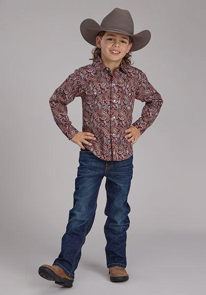 Roper Boy's Amarillo Sangria Paisley Western Snap Shirt in Wine