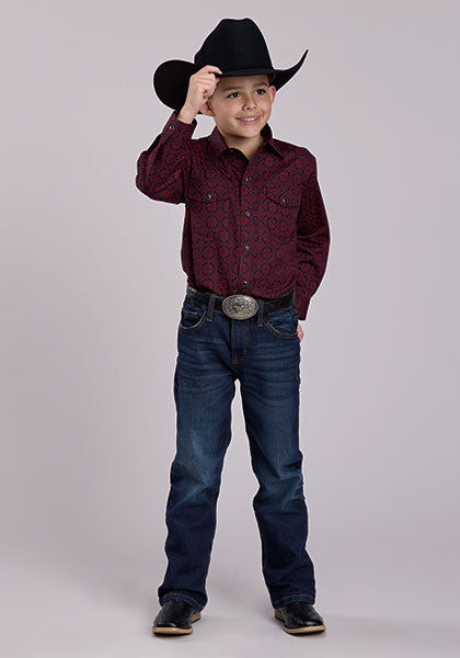 Roper Boy's Amarillo Medallion Print Western Snap Shirt in Garnet
