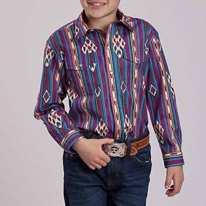 Roper Vintage Boy's L/S Vintage Striped Western Snap Shirt in Purple