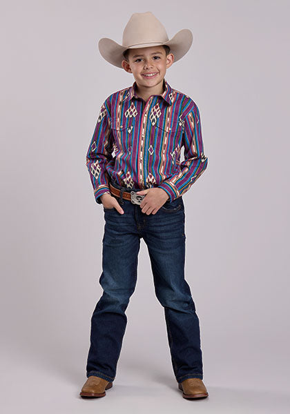 Roper Vintage Boy's L/S Vintage Striped Western Snap Shirt in Purple