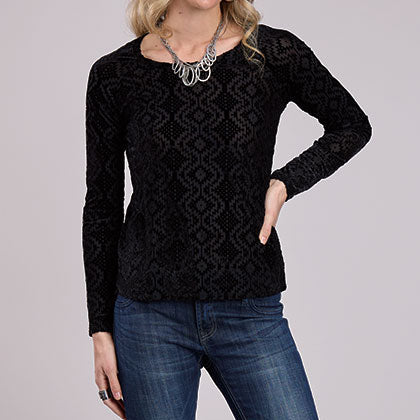 Roper Women's L/S Mesh Velour Burnout Top in Black