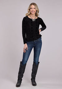 Roper Women's L/S Mesh Velour Burnout Top in Black