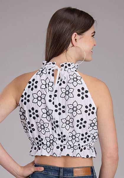 Roper Women's Floral Schiffli Halter Top in White & Black