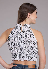 Roper Women's Floral Schiffli Halter Top in White & Black