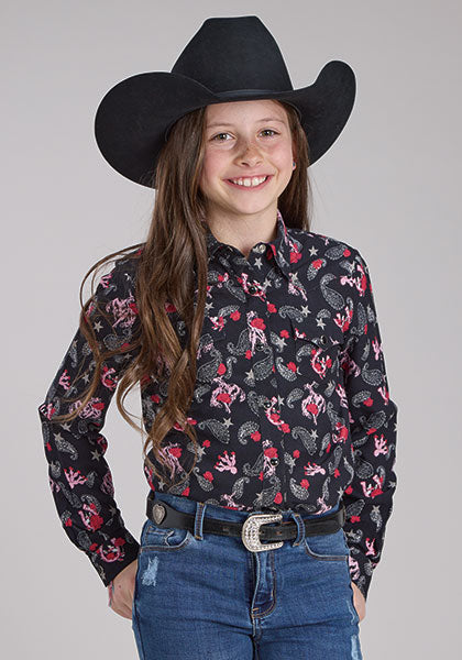 Roper Girl's L/S Bronc Riders Western Snap Shirt in Black