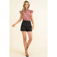 Women's Flutter Sleeve Floral Print Mock Neck Knit Blouse in Red