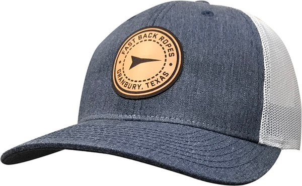 Fast Back Men's Round Leather Logo Patch Trucker Cap in Navy/White