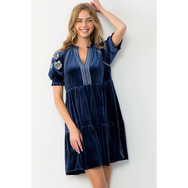 Women's S/S Floral Embroidered Sleeve Mini Velvet Dress (Available in Two Colors)