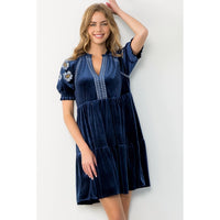 Women's S/S Floral Embroidered Sleeve Mini Velvet Dress (Available in Two Colors)