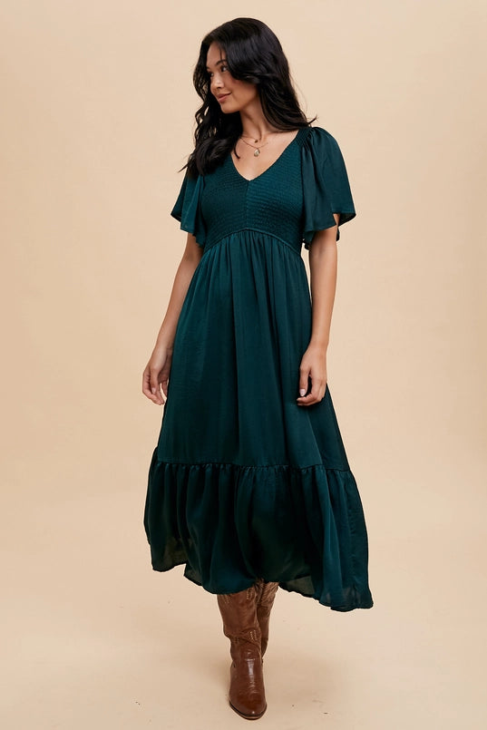 Women's Smocked Satin Midi Dress in Emerald