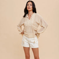 Women's L/S Tie Neck Floral Lace Blouse in Cream