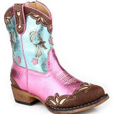 Roper Toddler Girl's Birdie Western Boot in Brown with Multi Underlay Design