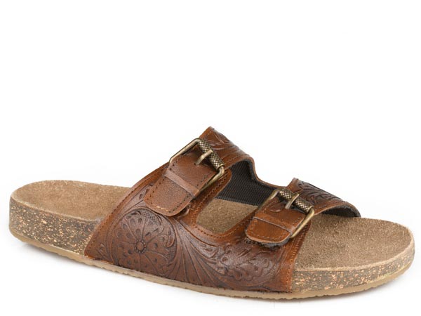 Roper Women's Desiree Tooled Leather Double Buckle Sandal in Brown