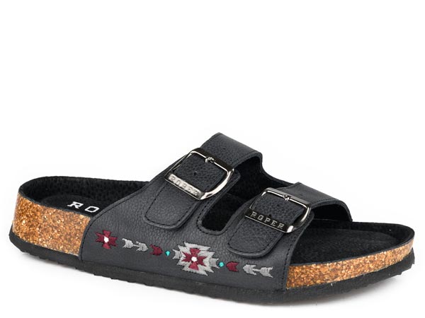 Roper Women's Delilah Embroidered Leather Sandal in Black