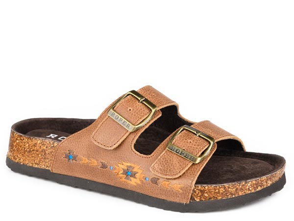 Roper Women's Delilah Embroidered Leather Sandal in Tan