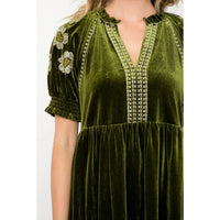Women's S/S Floral Embroidered Sleeve Mini Velvet Dress (Available in Two Colors)