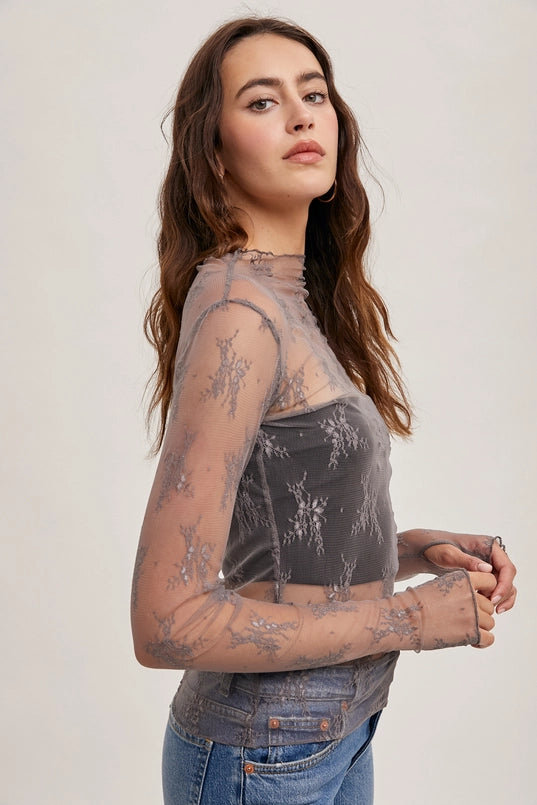 Women's L/S Sheer Floral Lace Mesh Top (Available in Mauve or Hazelnut)