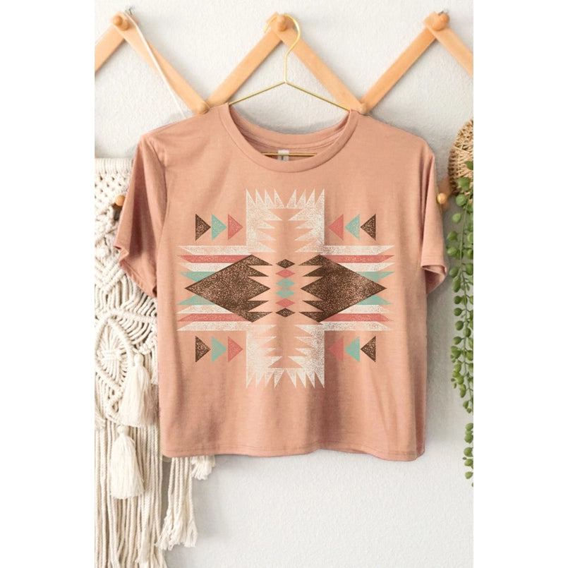 Women's Aztec Cropped Graphic Tee in Burnt Orange