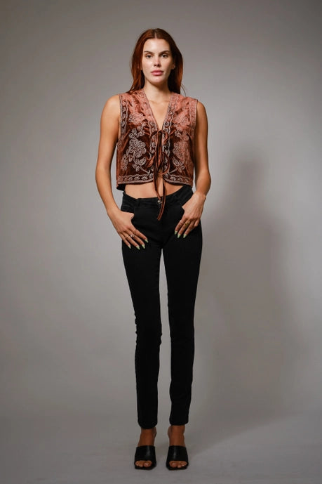 Women's Sleeveless Embroidered Velvet Cropped Vest in Brown