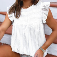 Women's Ruffled Lace Striped Sleeveless Blouse in White