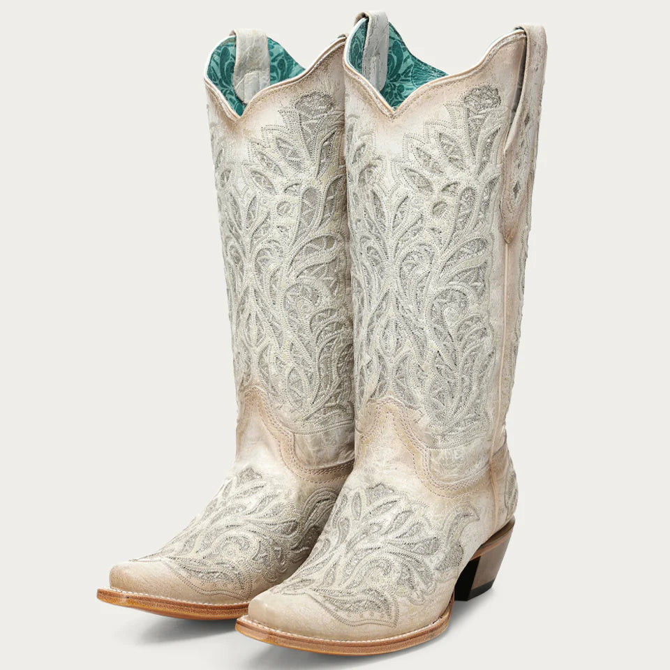 Corral Women's White Glitter Inlay and Embroidery Snip Toe Boot