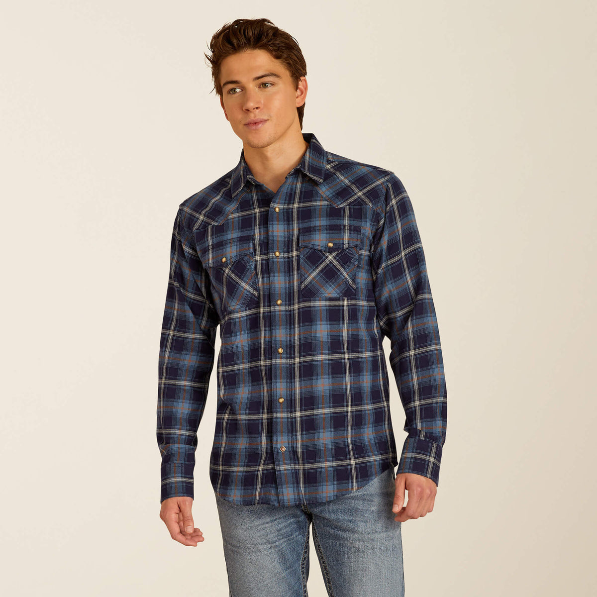 Ariat Men's Hugo L/S Retro Fit Western Snap Shirt in Maritime Blue Plaid (Available in Tall Sizes)