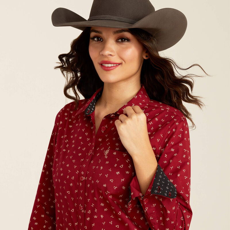 Ariat Women's Kirby Stretch L/S Western Button Down Shirt in Red Cattle Brand (Available in Plus Sizes)