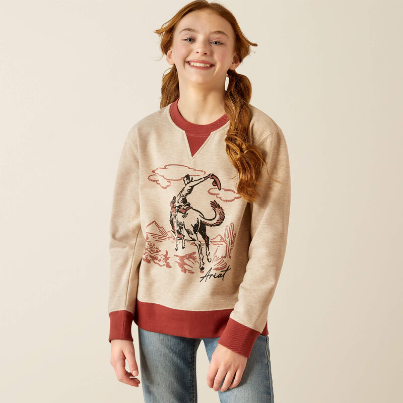 Ariat Girl's Bronc Junior Sweatshirt in Oatmeal Heather & Marsala