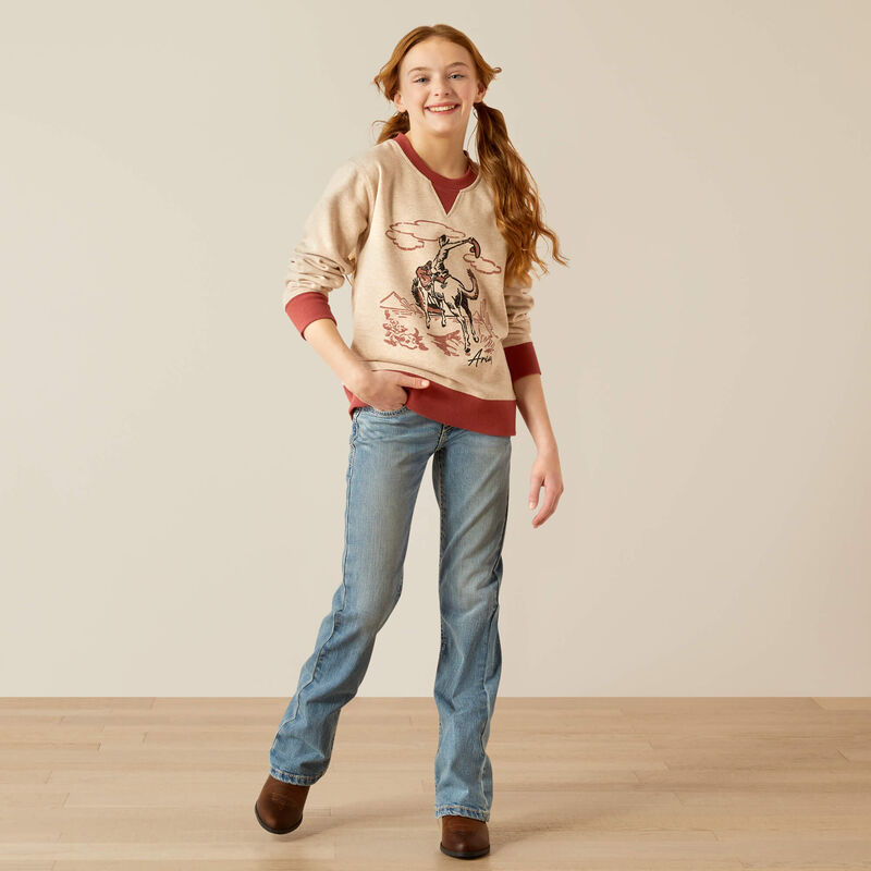 Ariat Girl's Bronc Junior Sweatshirt in Oatmeal Heather & Marsala