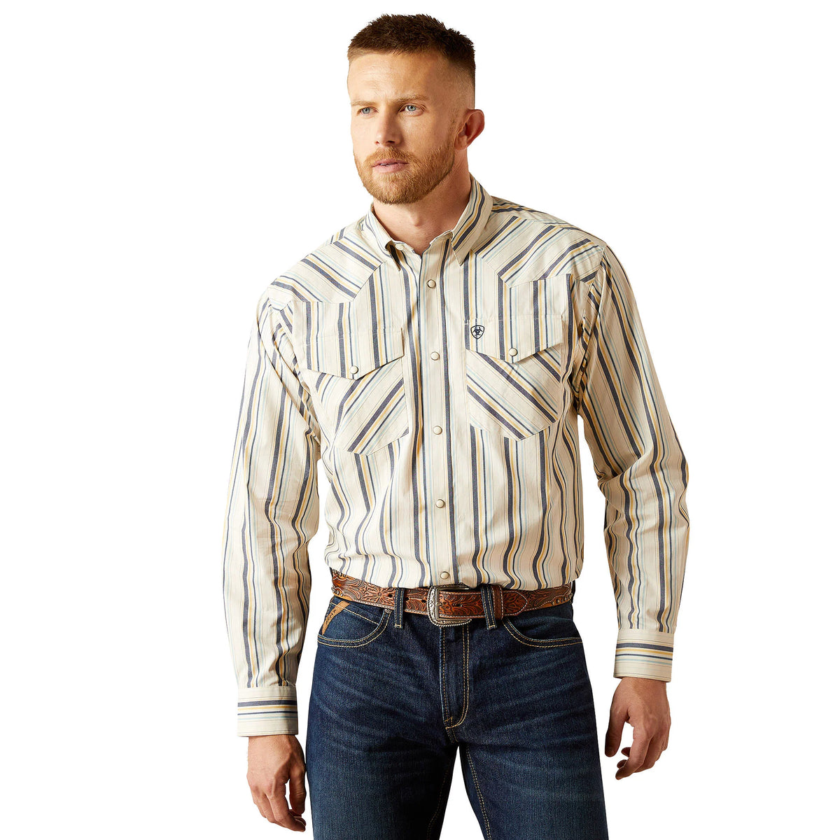 Ariat Men's Finnley L/S Striped Classic Fit Western Snap Shirt in Cream