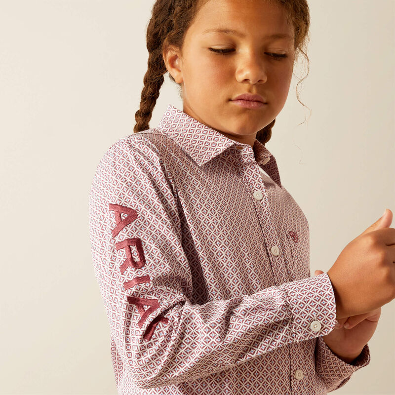 Ariat Girl's Team Kirby Western Button Down Shirt in Raspberry Geo Print